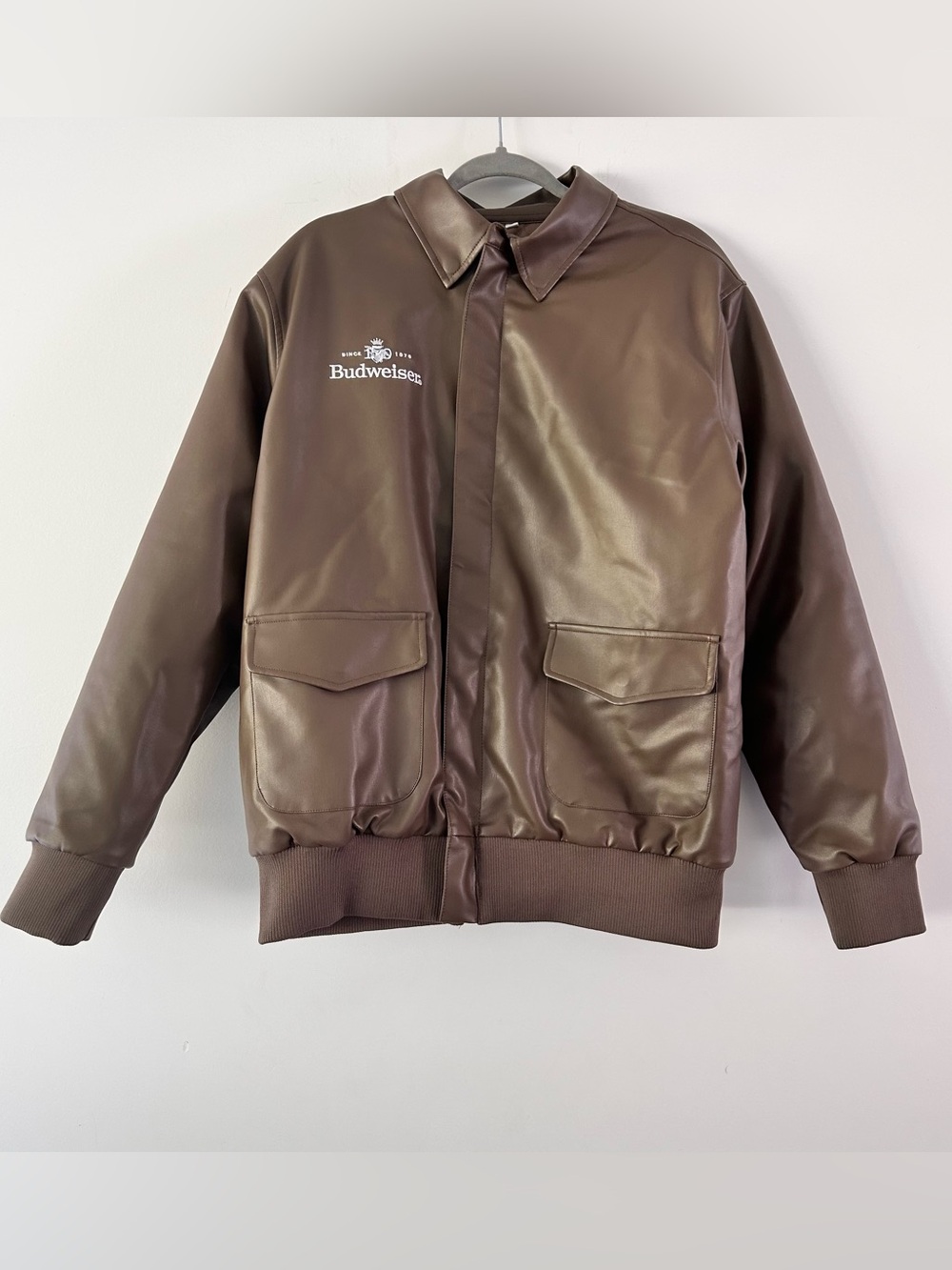 Budweiser|Brown Faux Leather Flight Jacket sz Large